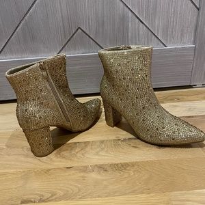 Gold rhinestone block heel booties